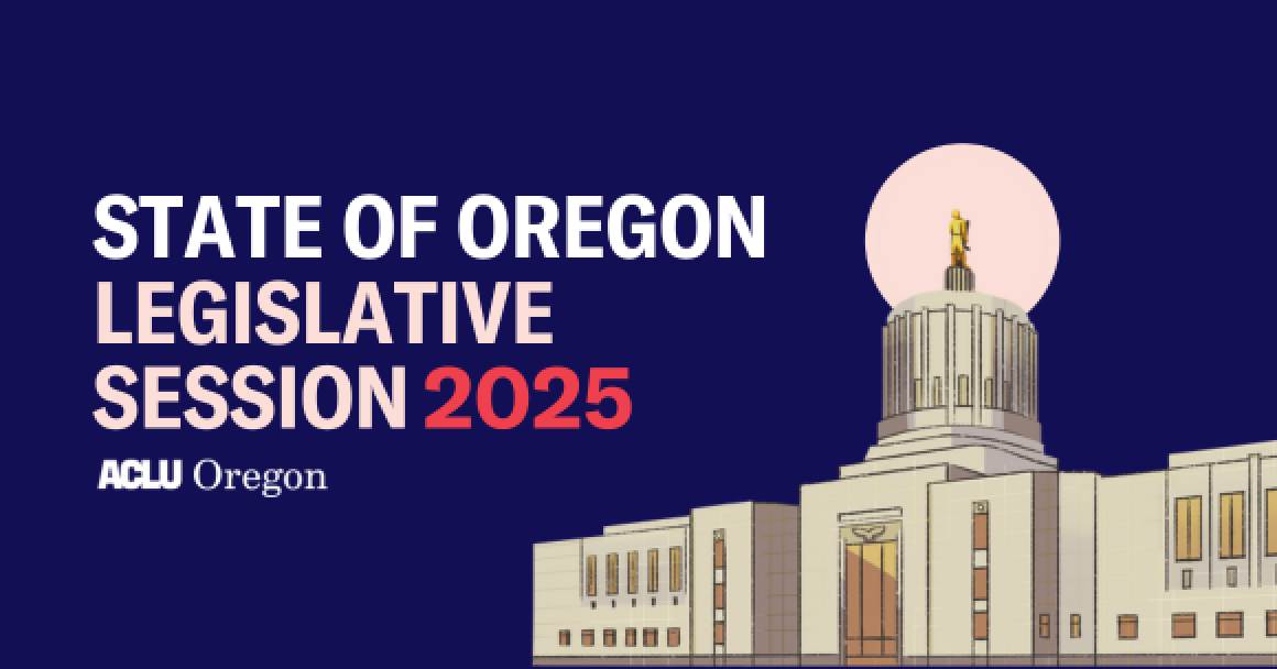 Blue banner with text saying "State of Oregon Legislative session 2025," on the image is a drawing of the Oregon state building 