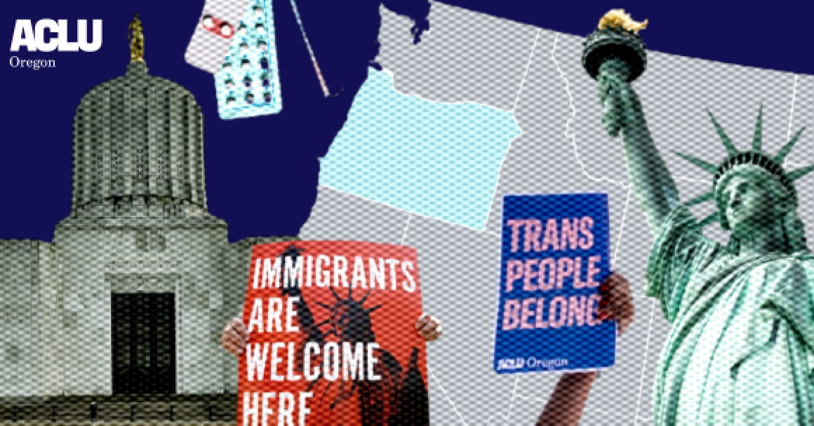A collage of the Oregon Capitol, protest signs, birth control, the statue of liberty against a US map with Oregon highlighted
