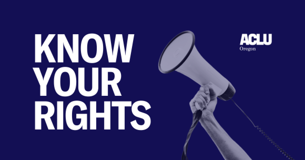 A navy background, text on the left reads "know your rights" with an image of an arm holding a megaphone on the right.