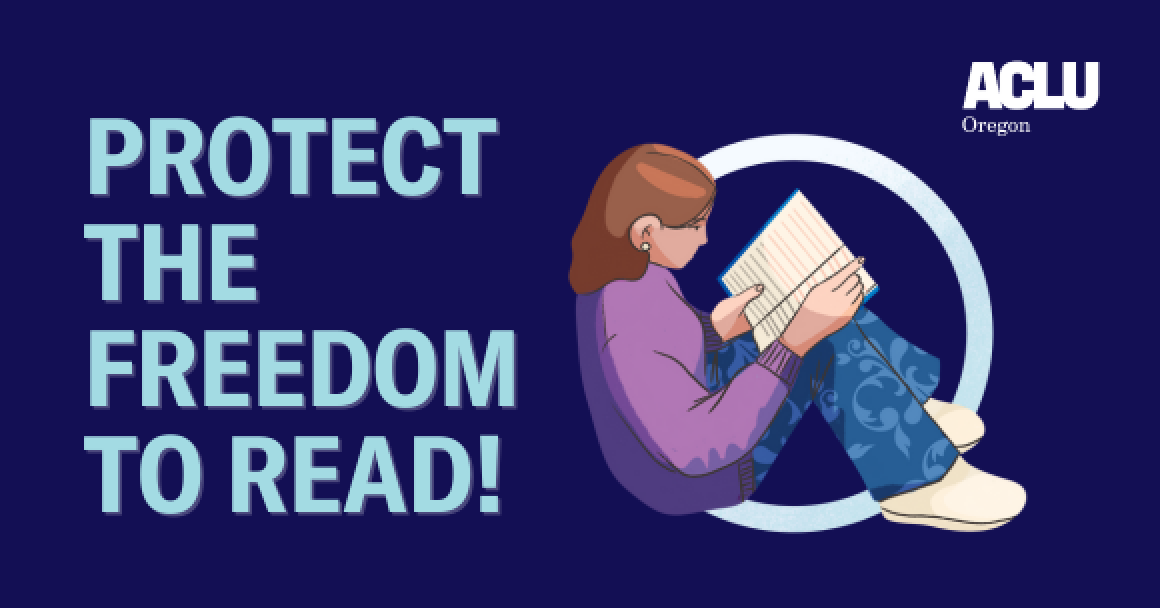 Blue banner with text saying "Protect the freedom to read", on the image is a picture of a young person with long brown hair sitting and reading a book