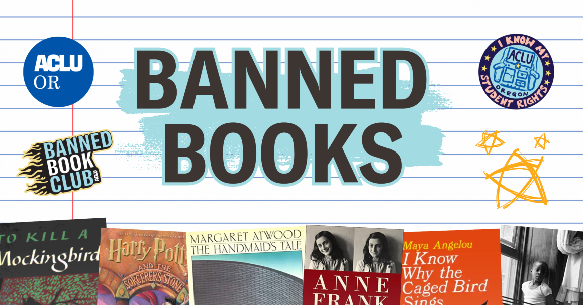 A notebook paper background with ACLU stickers and the covers of several banned or challenged books