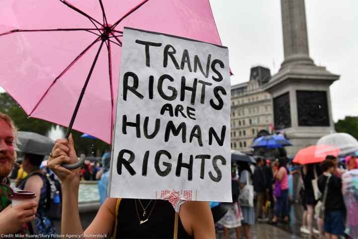 A protestor holds a sign (with a white background and black letters) reading "TRANS RIGHTS ARE HUMAN RIGHTS".