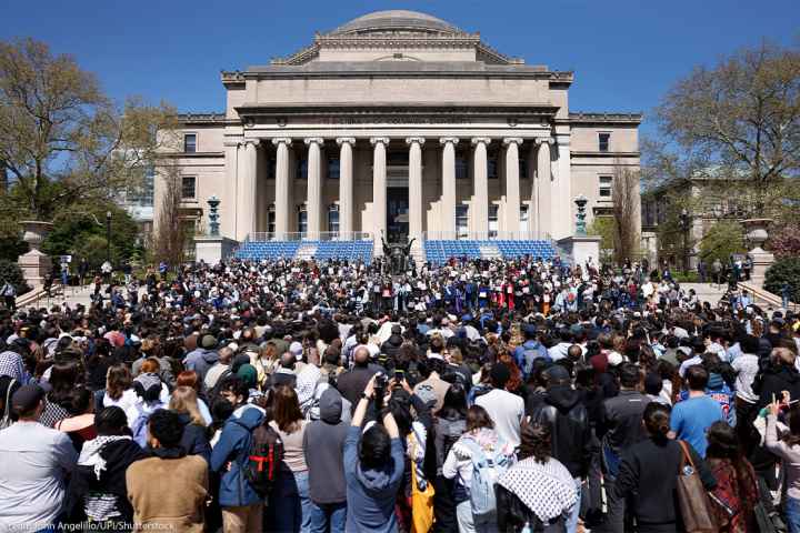 A faculty rally in favor of academic free speech is held in the main quad at Columbia University in New York.