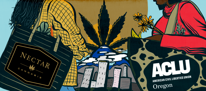 illustration of two people in fall attire facing each other and talking with Portland in the background, Mt. Hood in front of a cannabis leaf. The two people have tote bags over their shoulders with fresh veggies, one with Nectar logo the other with ACLU 