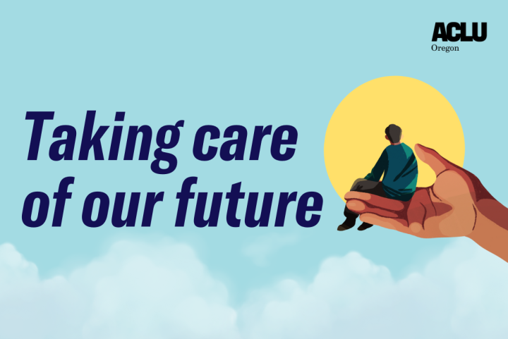 Light blue banner background with clouds and the text, "Taking care of our future." To the right side is a drawing of a person sitting on a large hand with a yellow circle background. 