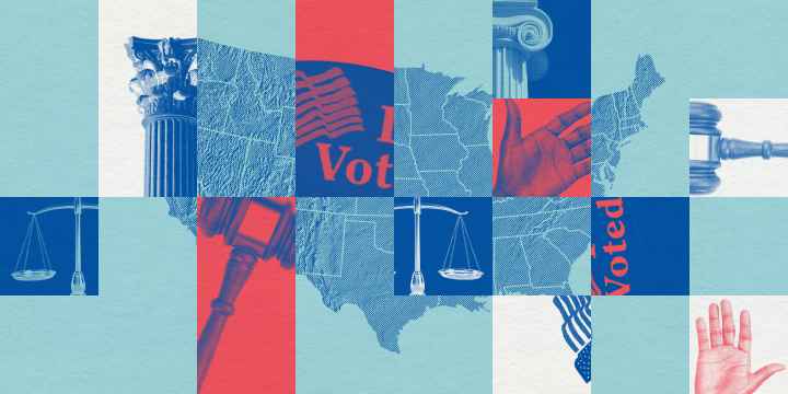 A graphic featuring a map of the United States and different voting and legislative motifs.