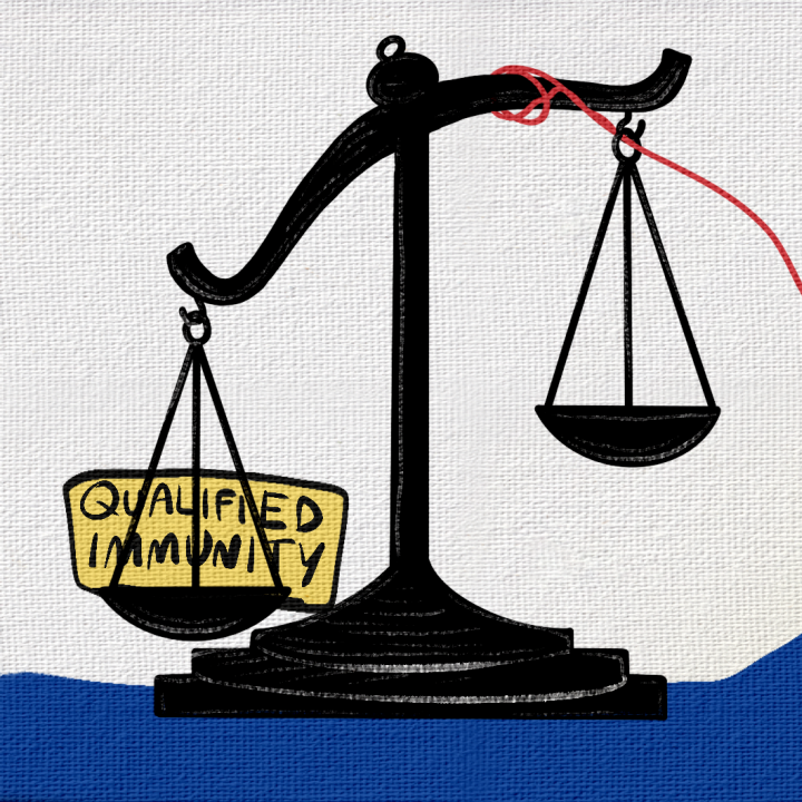 Black justice scales with word reading "qualified immunity" on the left scale on the other side, a diverse group of people are attempting to pull down the right side of scales with a red rope