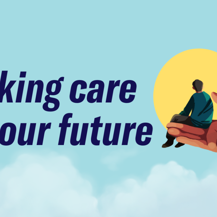 Light blue banner background with clouds and the text, "Taking care of our future." To the right side is a drawing of a person sitting on a large hand with a yellow circle background. 