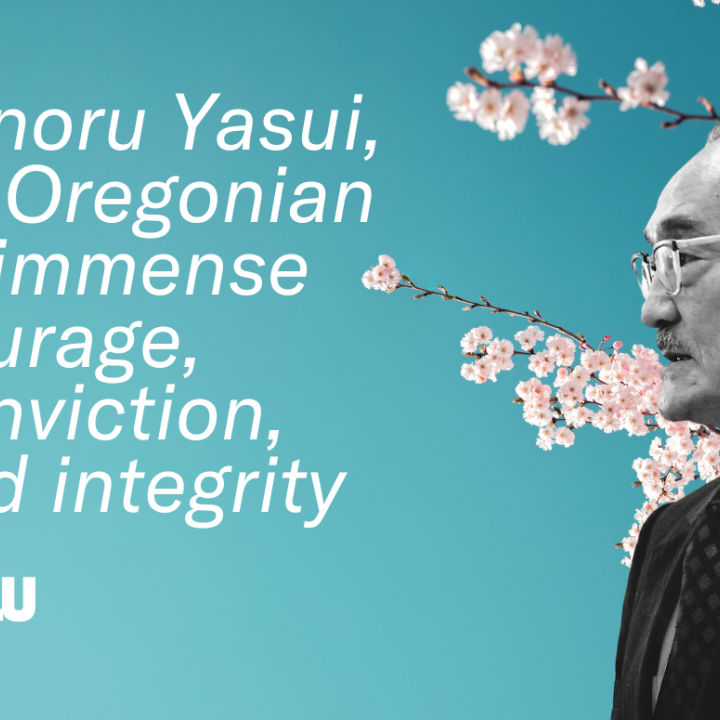 A blue background with cherry blossoms, a black and white portrait of Minoru Yasui, an Oregonian of immense courage, conviction and integrity