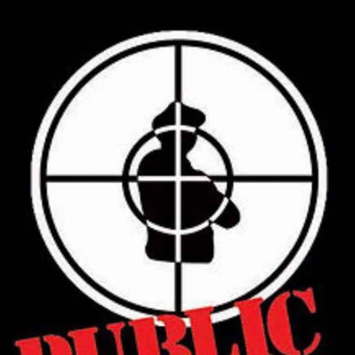 Logo for band Public Enemy, an illustration of a police officer in crosshairs