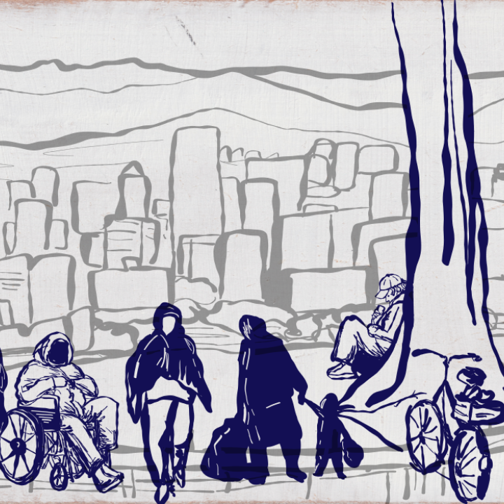 Illustration of diverse houseless people outdoors with the Portland city outline behind them