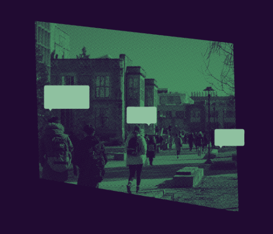 Empty speech bubbles from students on a campus.