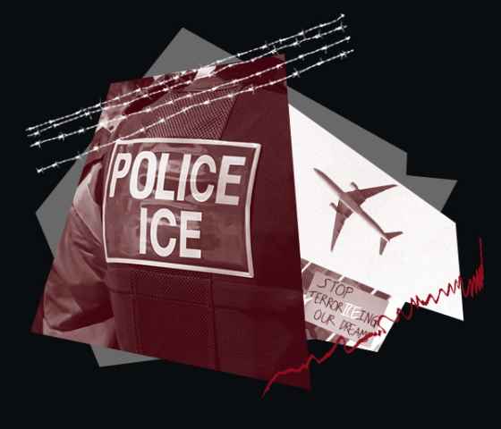 Deportation imagery with barbed wire, protesting, and an airplane.