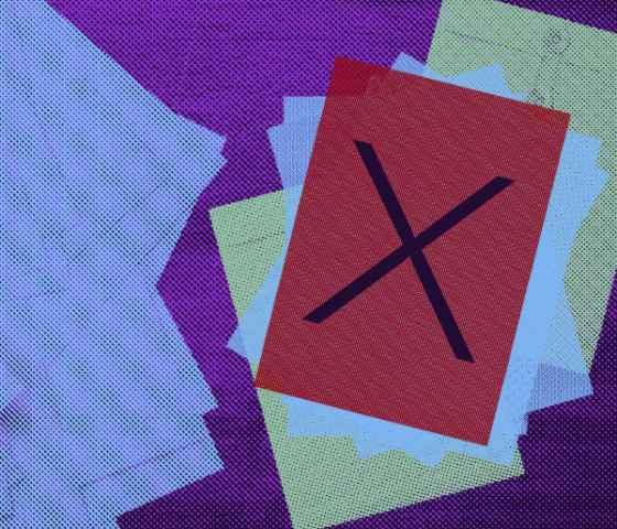 Graphic depicting a red paper with an X on it within other bills.