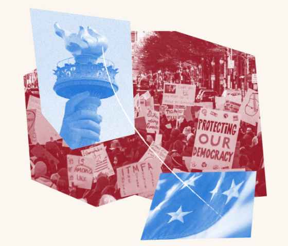 Red, white, and blue imagery depicting the Statue of Liberty, the American flag, and protests.