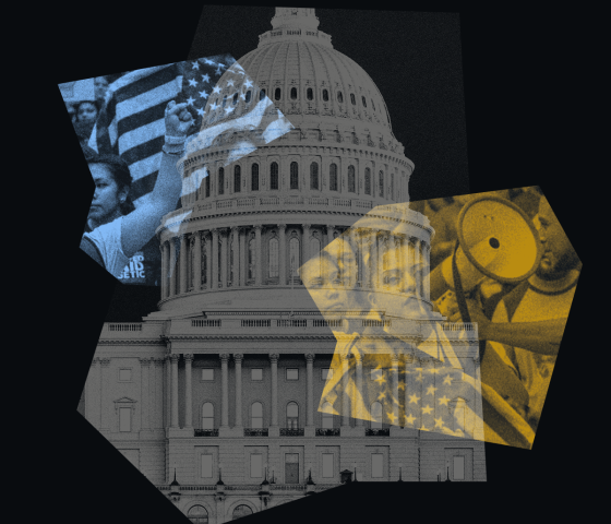 Cutouts of images of protests and the Capitol.