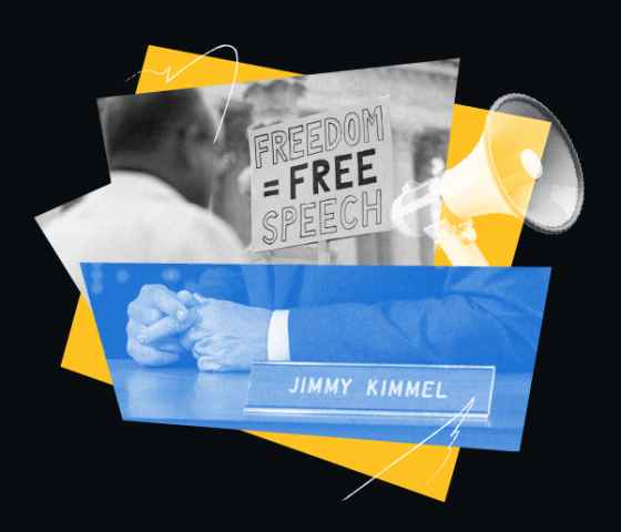 Freedom = Free Speech. Image of Jimmy Kimmel nameplate, protest, and a megaphone.