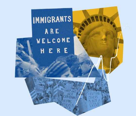 Collage of protest pictures, the statue of liberty, and a sign that reads, "Immigrants are welcome here."