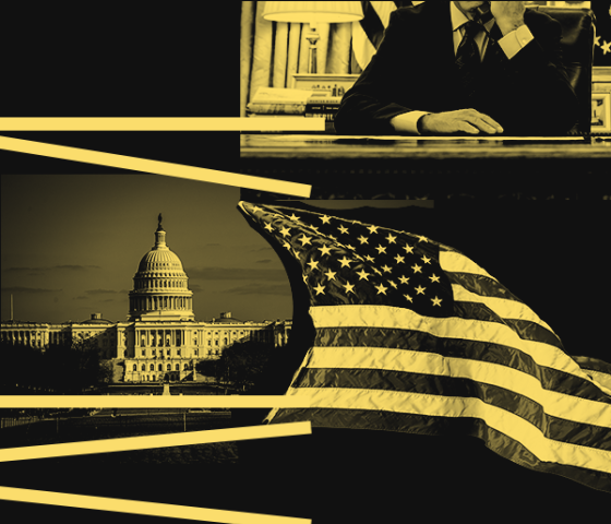 Layered yellow and black image with political figure, Capitol Hill, and American Flag