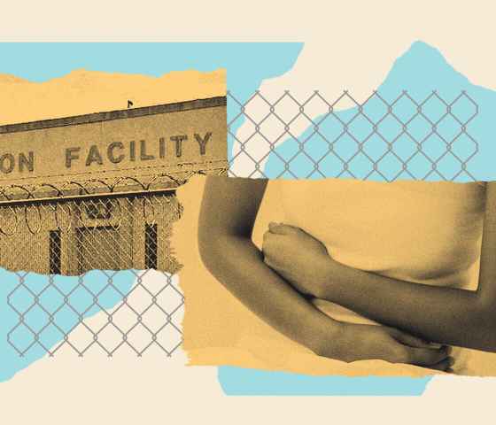 collage graphic with image of a building that says detention facility and a person with their arms crossed over their middle