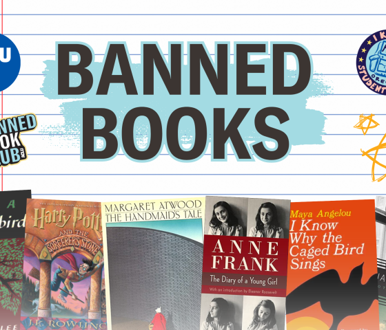 A notebook paper background with ACLU stickers and the covers of several banned or challenged books