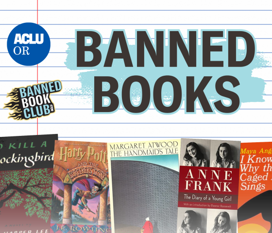 A notebook paper background with ACLU stickers and the covers of several banned or challenged books
