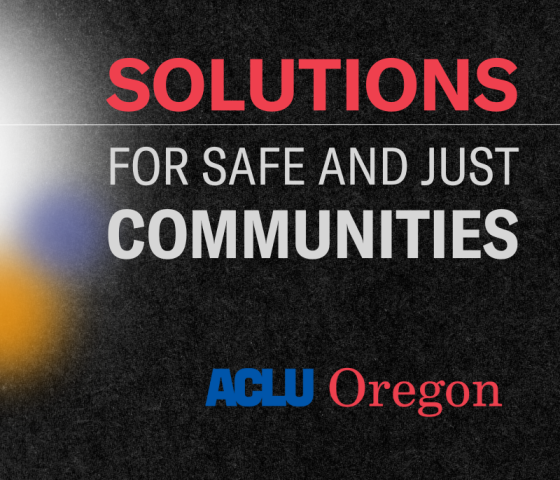 a black textured background, with a white, blue and orange light orb on the left side. Text on the right reads "Solutions for safe and just communities"